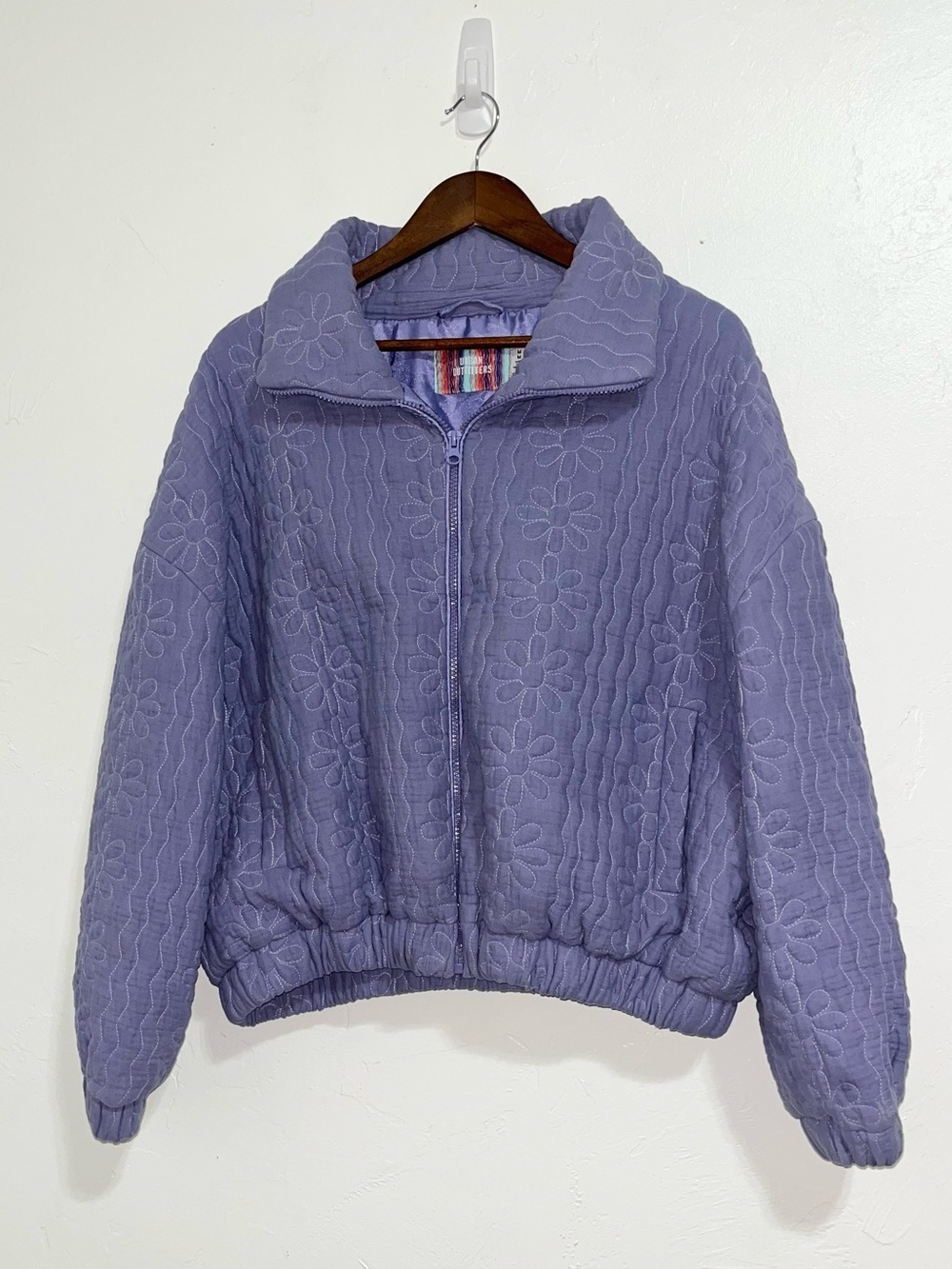 Urban Outfitters Purple Quilted Flower Jacket Pastel Lilac Floral Zip Bomber M